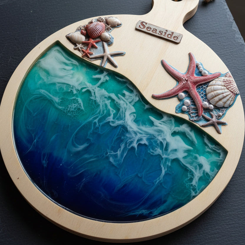 Seaside Serenity Resin Serving Board | One-of-a-Kind Coastal Functional Art
